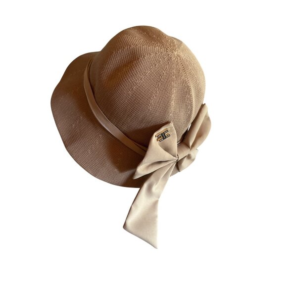 Unknown Accessories - Tan Bucket Hat ‎ Bow & Rhinestone "H" Detail Knit Design Neutral Tone One Size